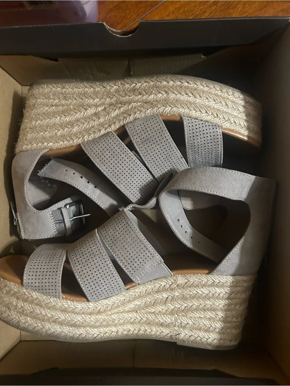 A.N.A espadrille platform wedge sandals in gray/taupe. 8.5